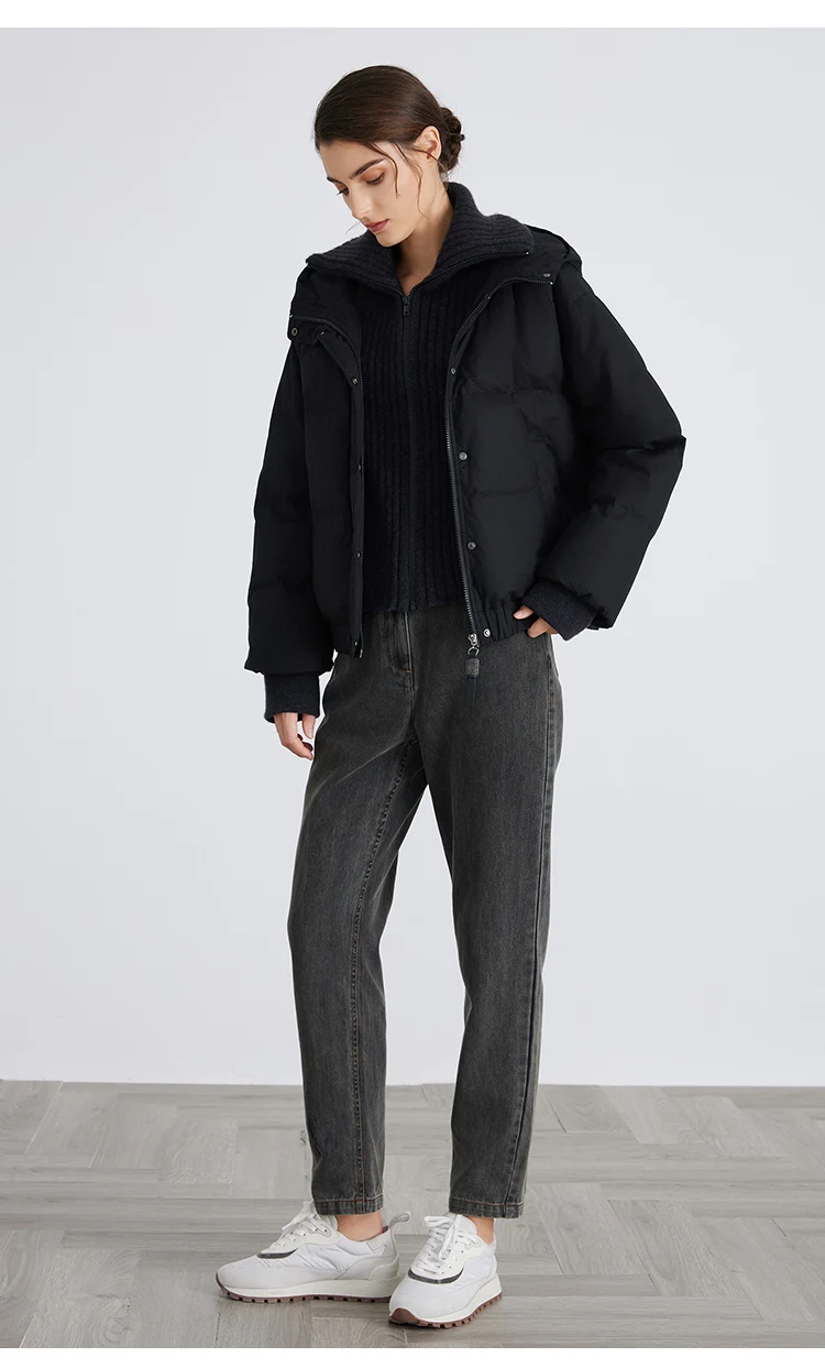 BC869 Rollkragenjacke mit Kapuze, Reißverschluss und Knopfleiste, 100% Kaschmir, leichte Luxus-Daunenjacke aus weißem Gänsedaunen für Damen – Detail 11