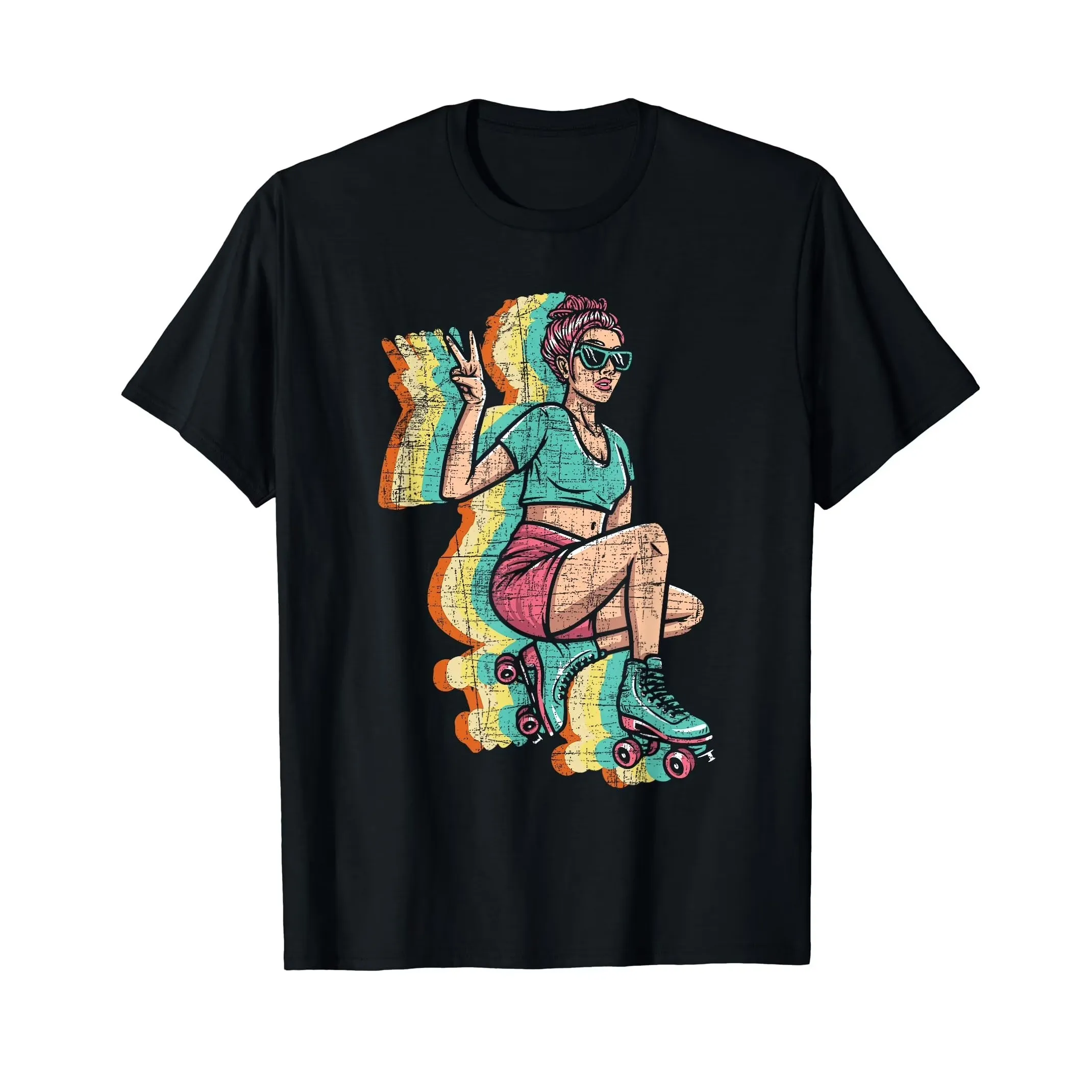 Retro Roller Skater Girl T-Shirt Vintage Graphic Print Short Sleeve Casual Tee for Men