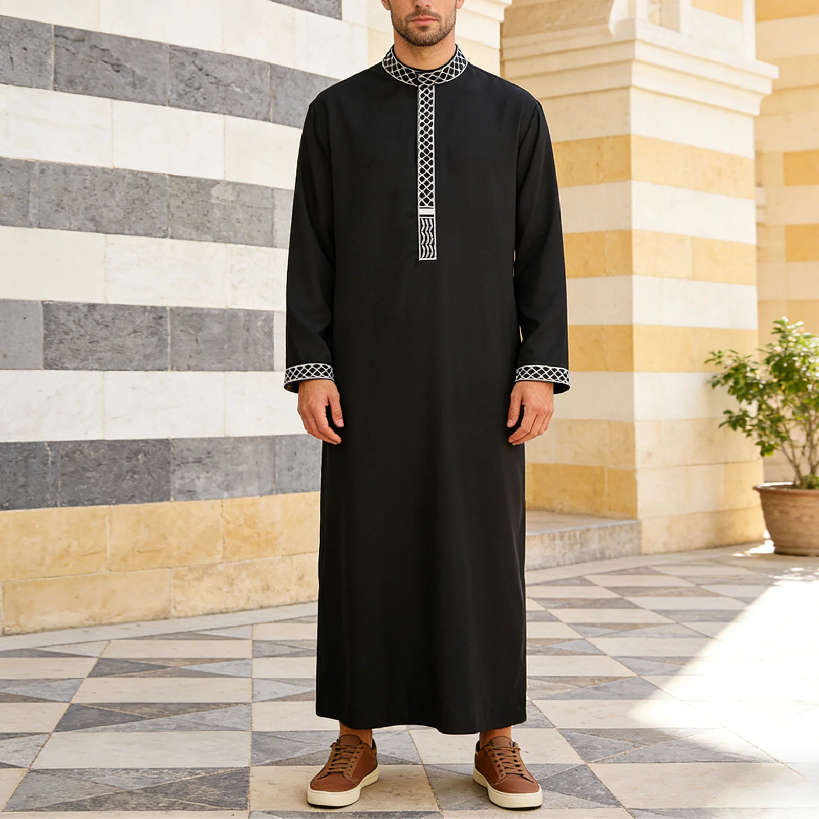 New Islamic Muslim Men's Abaya Long Sleeve Embroidered Robe Dubai Arabic Ethnic Style Kaftan Jubba Thobe Moroccan Caftan