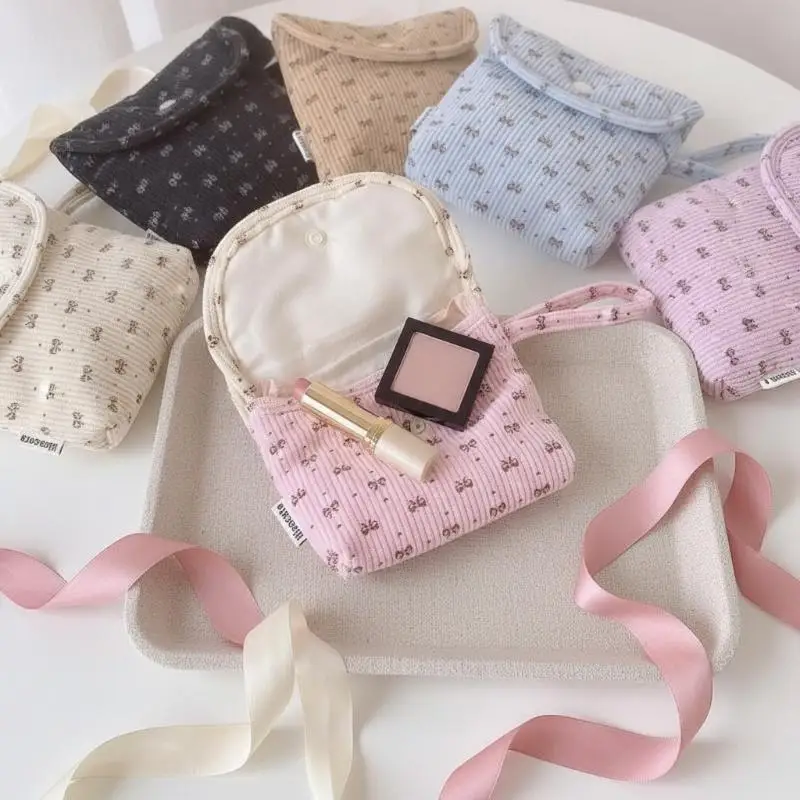 New Corduroy Sanitary Pads Bag Portable Bowknot Cosmetic Lipstick Bag Multipurpose Storage Bag Headphone Case Travel