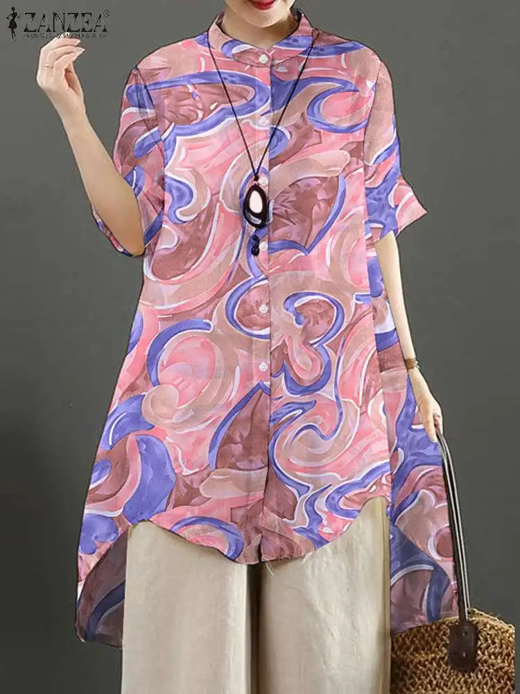 

Женские длинные рубашки ZANZEA с богемным принтом, летняя блузка с асимметричным подолом, модные повседневные топы с полурукавами, высокие и низкие топы с круглым вырезом, 2024