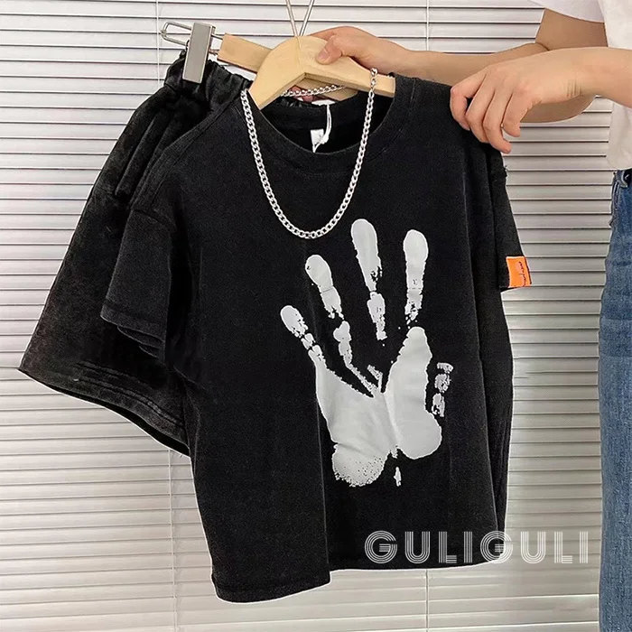 2025 Summer Children's New Vintage Washed Black Pure Cotton Short Sleeve Loose Handsome Baby Trendy Top
