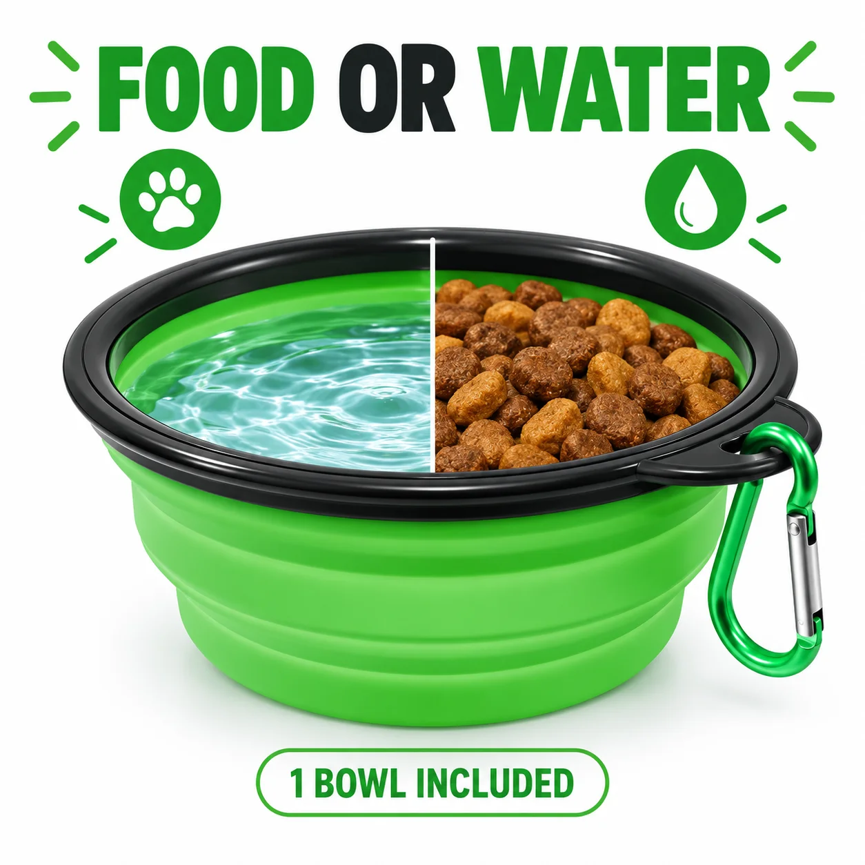 350ml Foldable Pet Food Water Bowl Portable TPR Collapsible Dish with Carabiner for Cats Puppies Walking and Travel Green