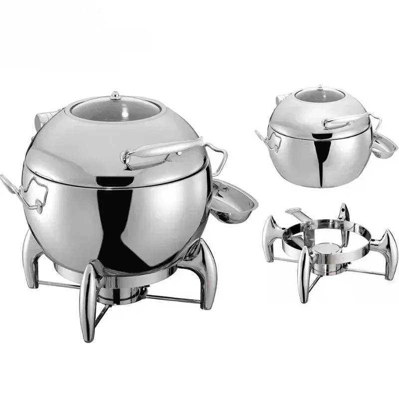 

Warmer Kitchen Stainless Steel Soup Station Tureen Urn Bucket With Glass Lid Stand Round Soup Chafing Dish