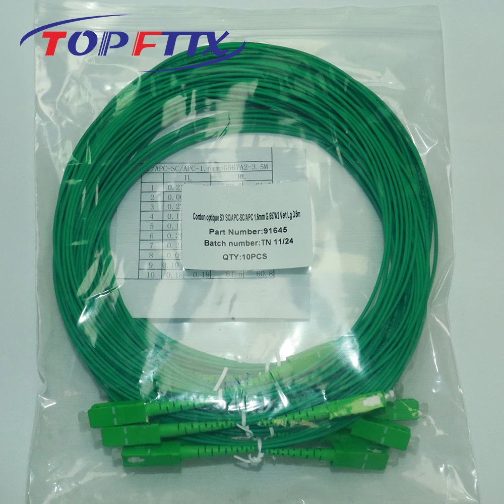 

100PCS/Box SC/APC-SC/APC Single Mode G657A2 Simplex 1.6mm Cable Diameter Green Garter Fiber Optic Patch Cord