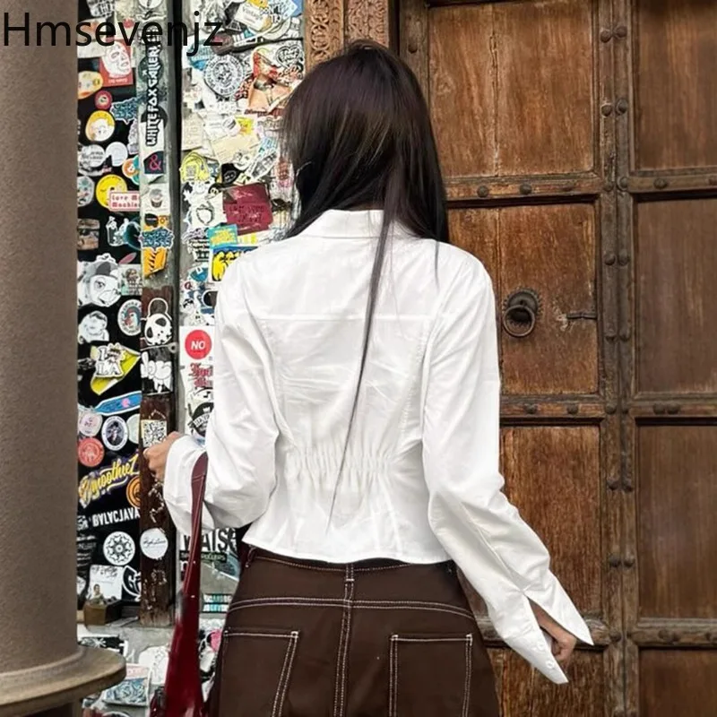 Hmsevenjz Spicy Girl 플레어 슬리브 백 탄성 셔츠 여성 여름 턴 다운 칼라 경량 슬림 피트 셔츠 여성 의류