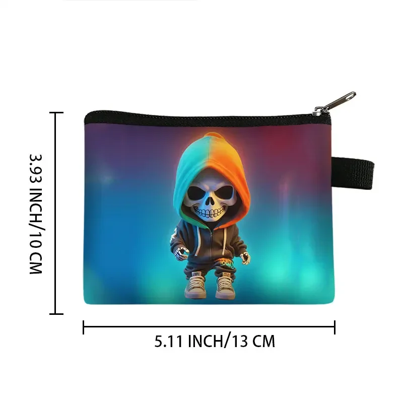 Hip Pop Skeleton Print Coin Purse Women Cartoon Skeleton Boy Pattern Teenager Card Key Earphone Holder Zipper Pouch Coin Bag