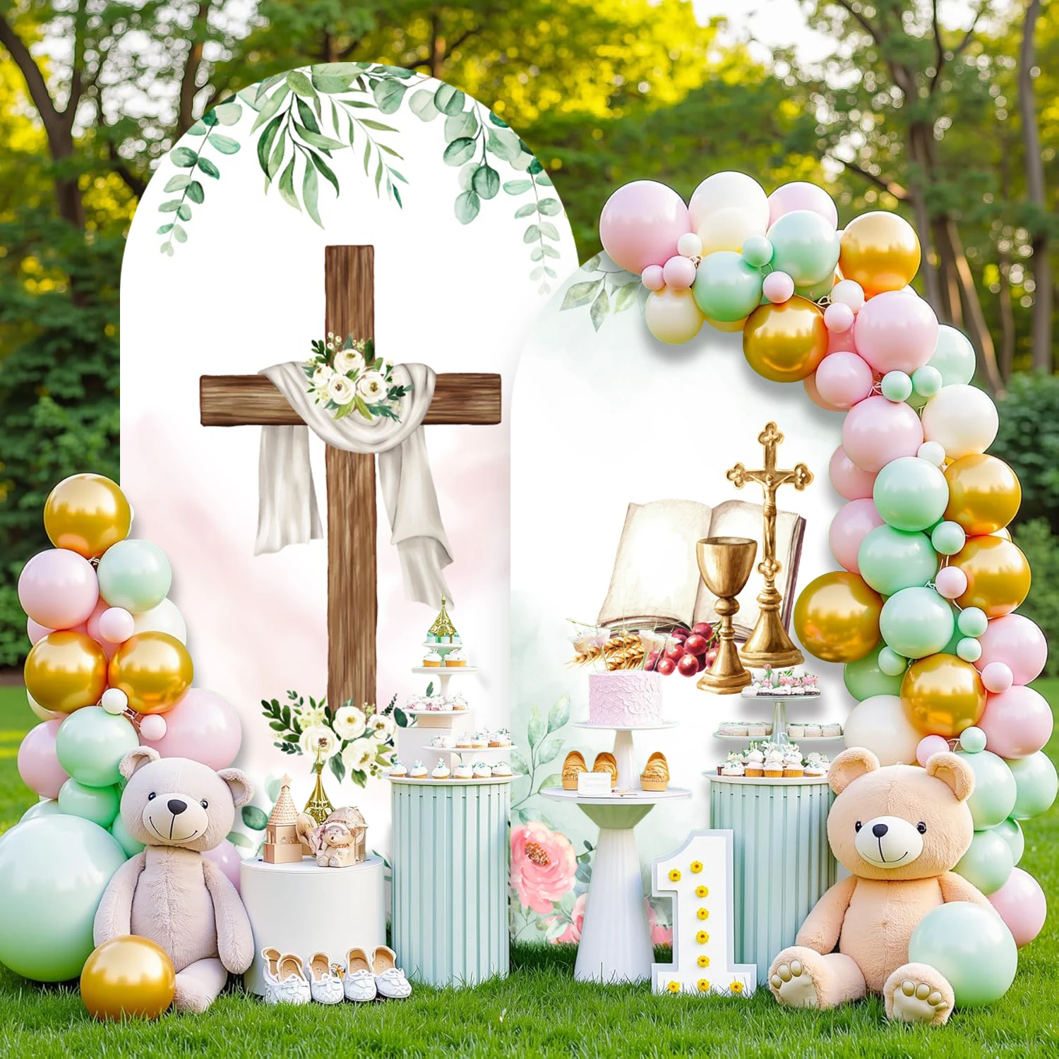Yeele Mi Baptism Arch Backdrop Cover Gold Cross Green Leaves Baby Shower First Communion Party Spandex Elastic Arched Background