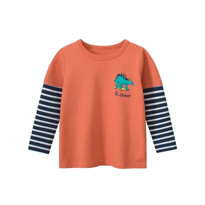 2025 Spring Autumn New Boys Cartoon Dinosaur Top Casual Children's Striped Long Sleeve T-shirt Cotton Bottom T Shirt Kids Outfit