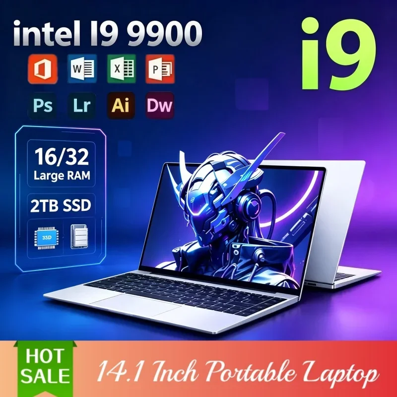 Hot Sale 14.1'' Portable Ultra‑Thin Notebook PC Intel I9‑9900 Windows 11 32GB 2TB SSD WiFi6 BT5.2 Student Business Gaming Laptop