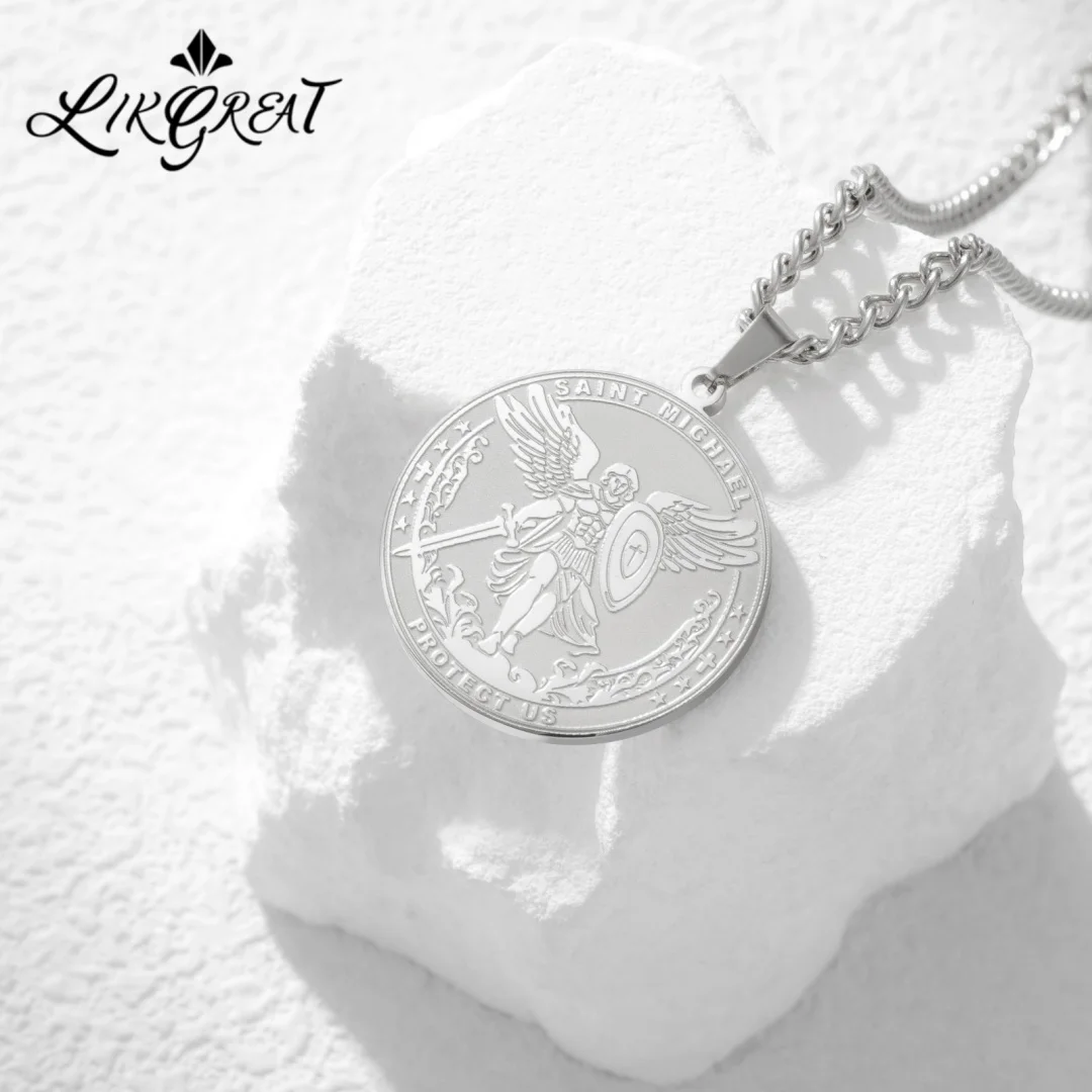 Likgreat Collier Pendentif Rond Vintage Saint Michel Archange en Acier Inoxydable, Bijou Religieux Ange Gardien