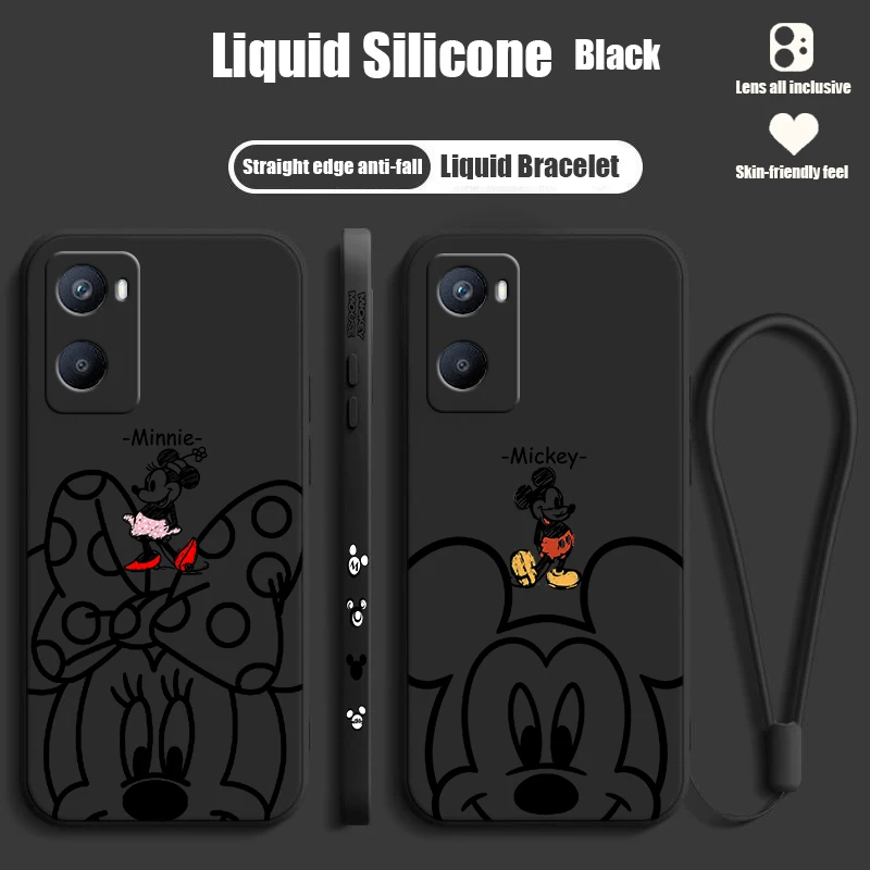 Disney Mickey Mouse Art For OPPO A98 A96 A94 A93 A77S A76 A74 A73 A72 A57E S A56S Liquid Left Rope Silicone Phone Case