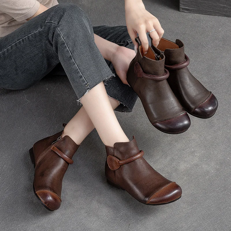 

Autumn winter new first layer cowhide retro style Women Ankle Boots side zipper flat round head simple matching Platform Shoes S