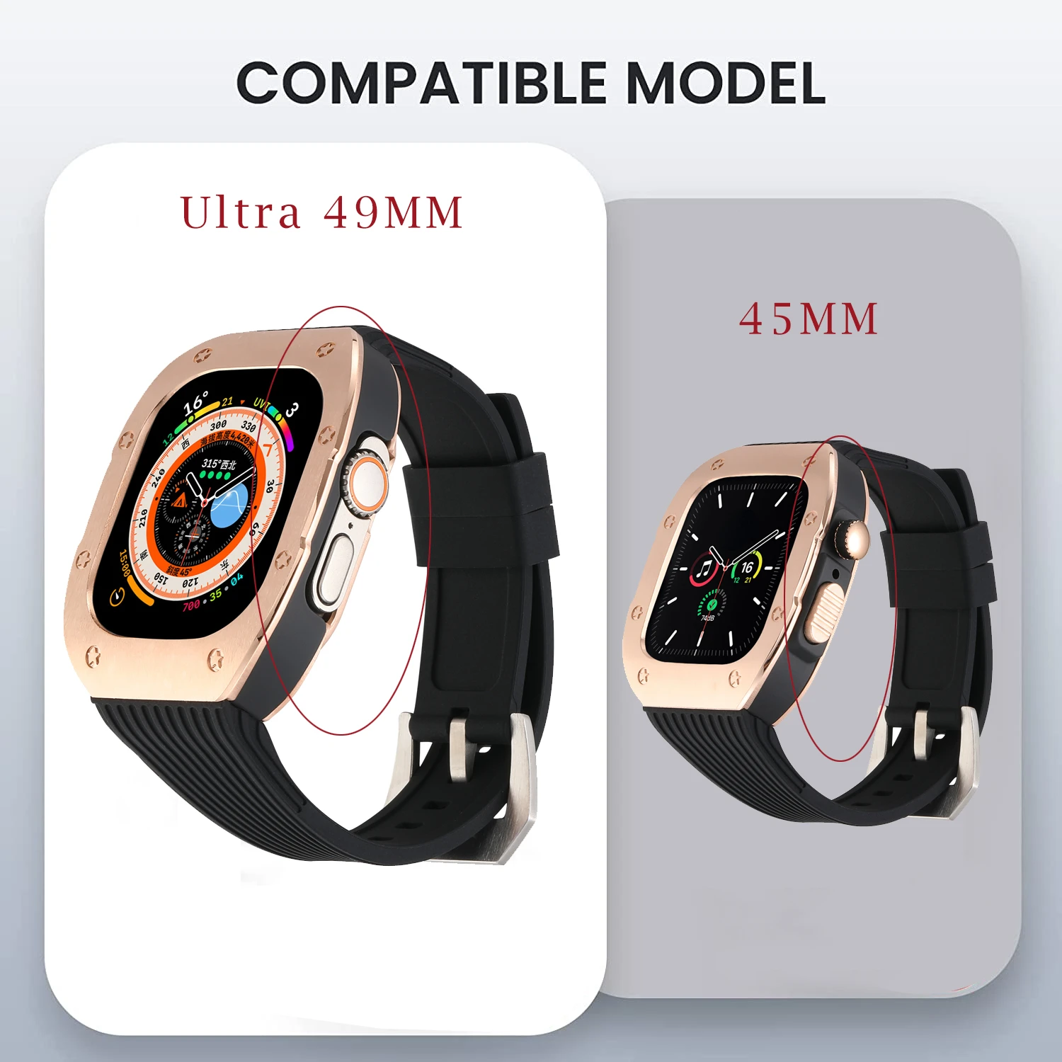 Luxury Metal Case Modification Kit for Apple Watch Ultra 2 49mm Stainless Steel Case IWatch 9 8 7 6 5 4 45mm 44mm Silicone Strap