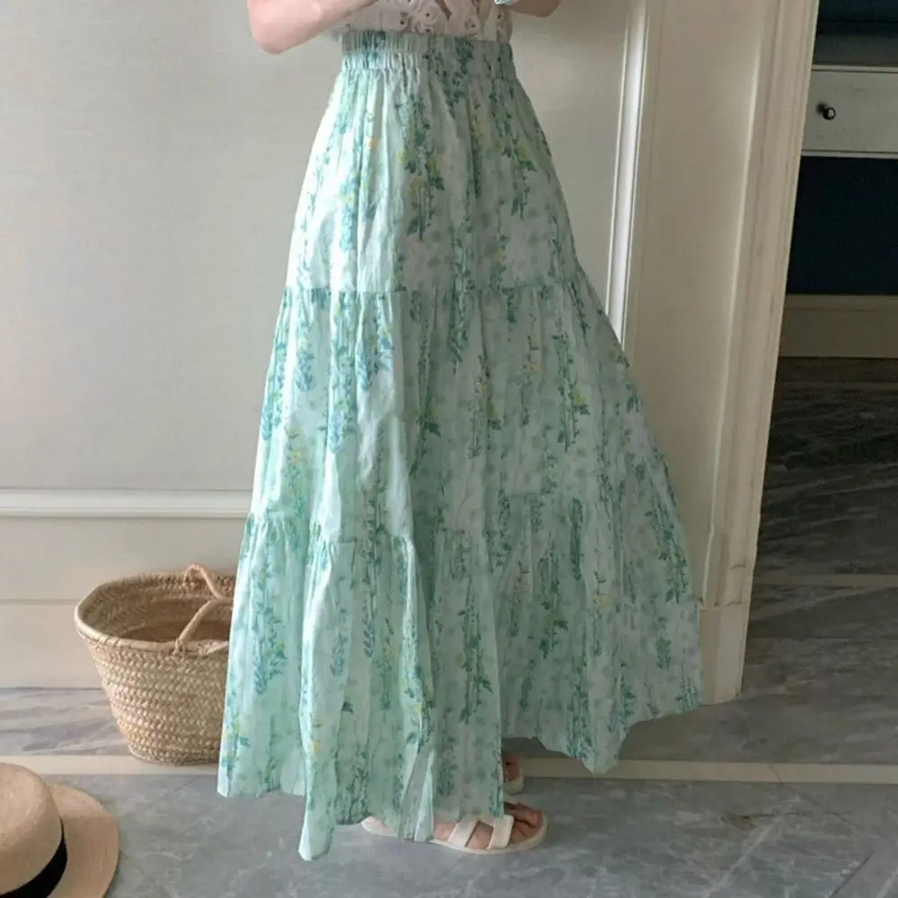 Gonna lunga floreale a vita alta alla moda Gonna lunga a vita alta con fiore sottile da donna Gonna a strati a trapezio stile dolce Ins da spiaggia