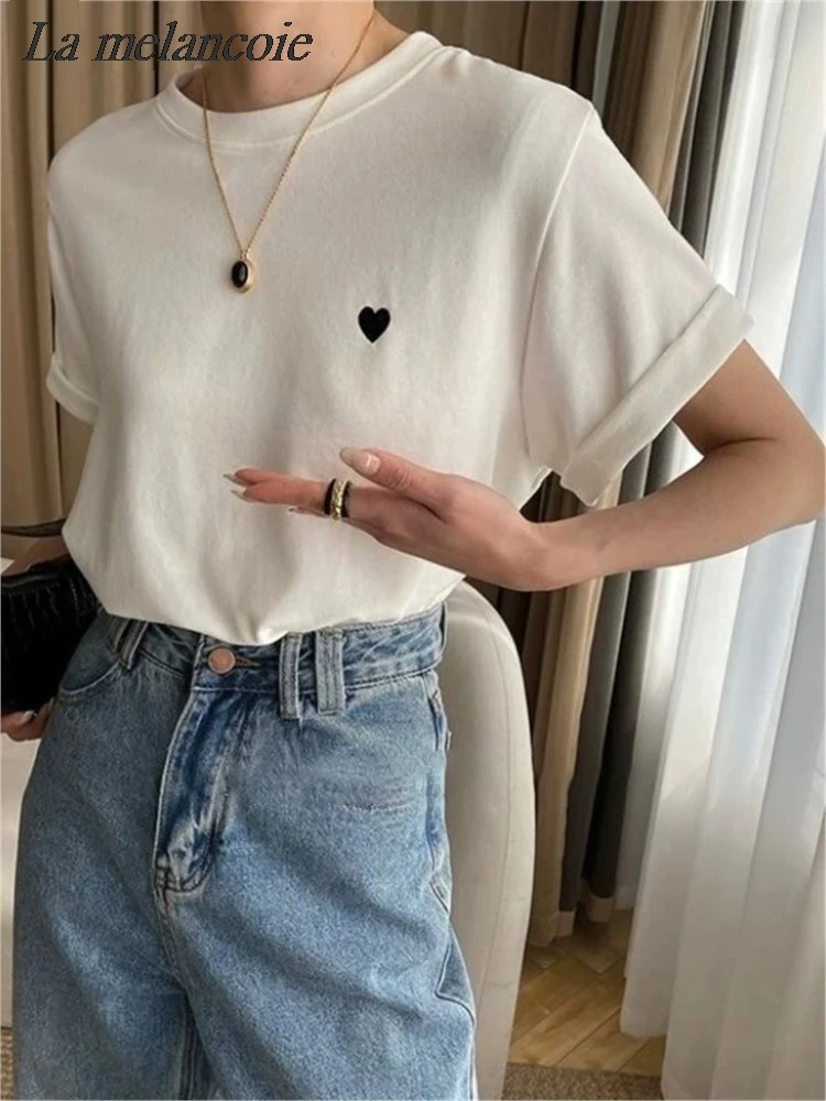 

Heart Embroidered T-shirt For Woman 2024 New Summer Casual Loose O-Neck Short Sleeve T-shirts Fashion Korean White Tee Female