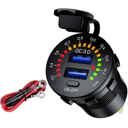 Ursuniot-cargador USB Dual QC3.0 para coche, toma de corriente de 12V para motocicleta, puerto de carga rápida con voltímetro Digital colorido, 36W