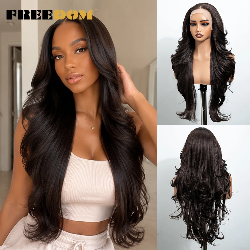 FREEDOM Synthetische Lace-Front-Perücken für schwarze Frauen, 28 Zoll, 13x4, vorgezupft, geschichtet, Ombre Braun Blond Highlight, Perücken für den täglichen Gebrauch – Detail 11
