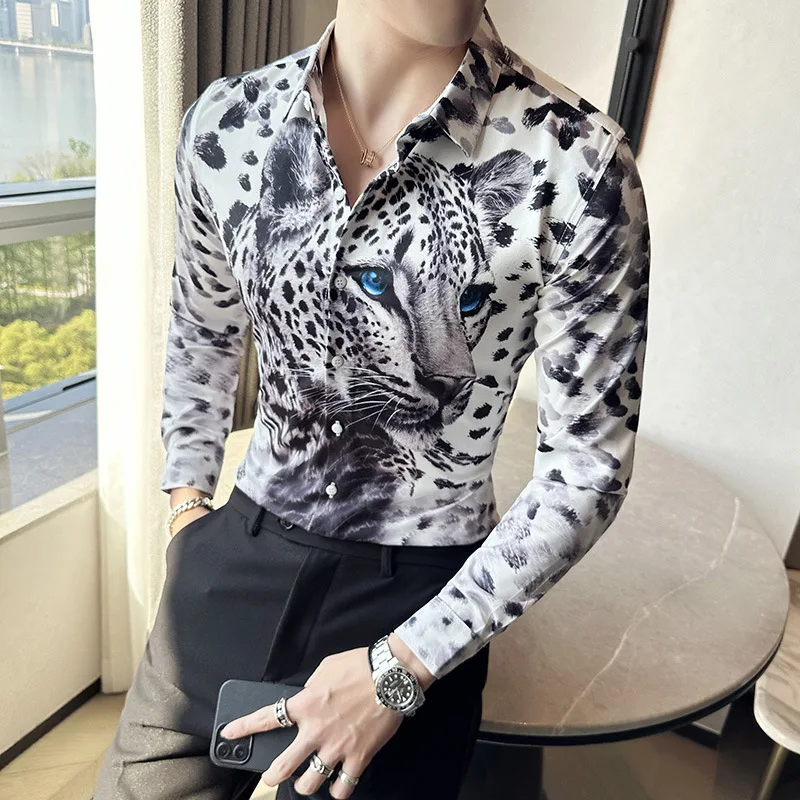 2024 Summer 3D Leopard Print Shirts Men Long Sleeve Slim Fit Casual Shirts Social Party nightclub Tuxedo Blouse men clothing