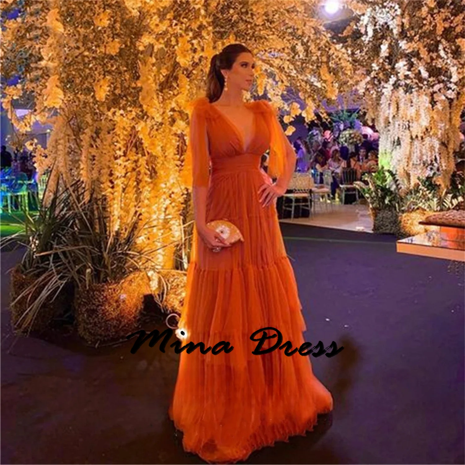 

Mina Customized Long Sleeve Evening Dresses for Formal Occasions Gala Dresses Woman 2024 for Party Dress V-neck Ball Gowns Prom