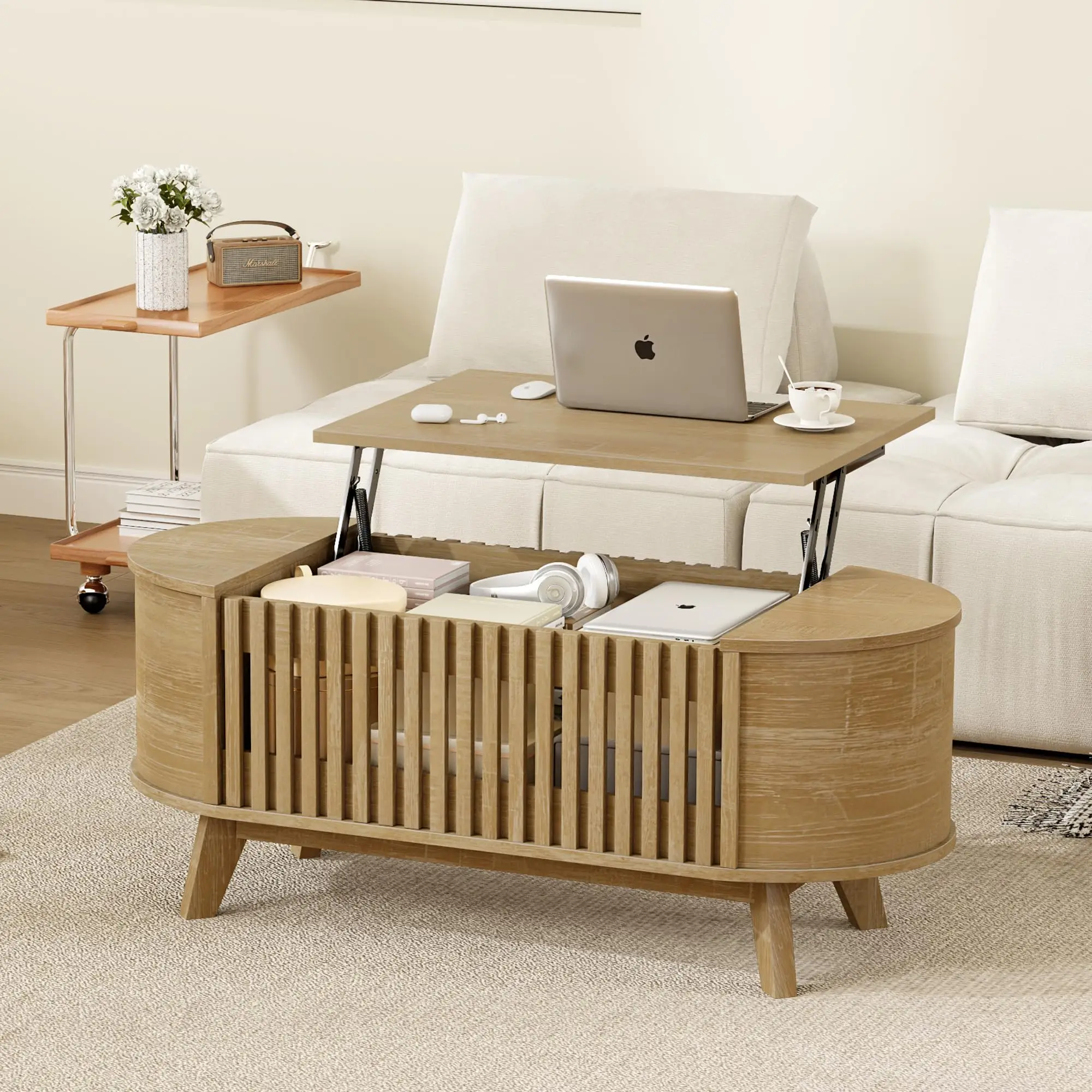 

Oval Lift-Top Coffee Table With Hidden Storage Compartment, Modern Slatted Design, High Legs, Natural Wood Finish For Living