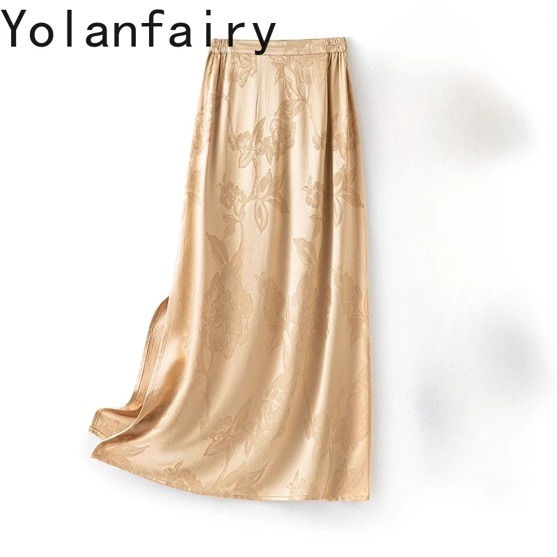 

YOLANFAIRY 40mm100% Mulberry Silk Skirt for Women 2025 Summer A Line Skirt Vintage Jacquard Skirts Woman Korean Style Jupe Satin
