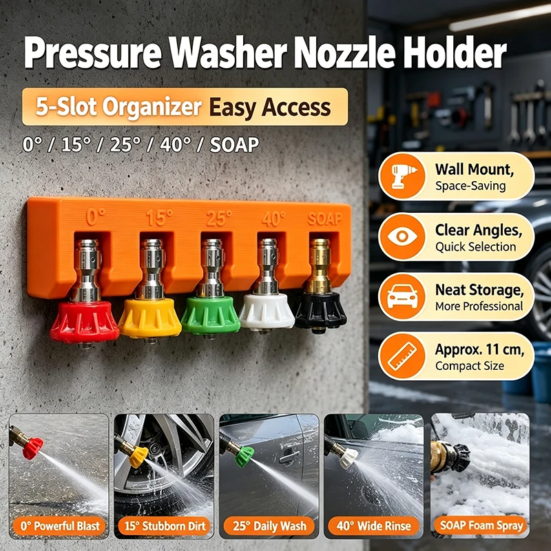 5 Slots 1/4 Inch Quick Connect Pressure Washer Nozzle Organizer, Wall Mount Nozzle Holder, Suitable For Car Wash Shops & Garages