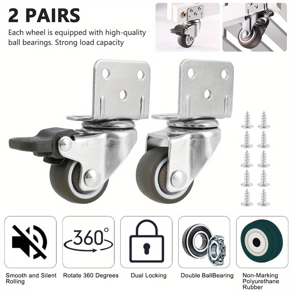 4pcs Heavy Duty Swivel Casters, Secure Dual Locking Quiet Soft Rubber Wheels, 360 Degree Rotation Sturdy Swivel Casters