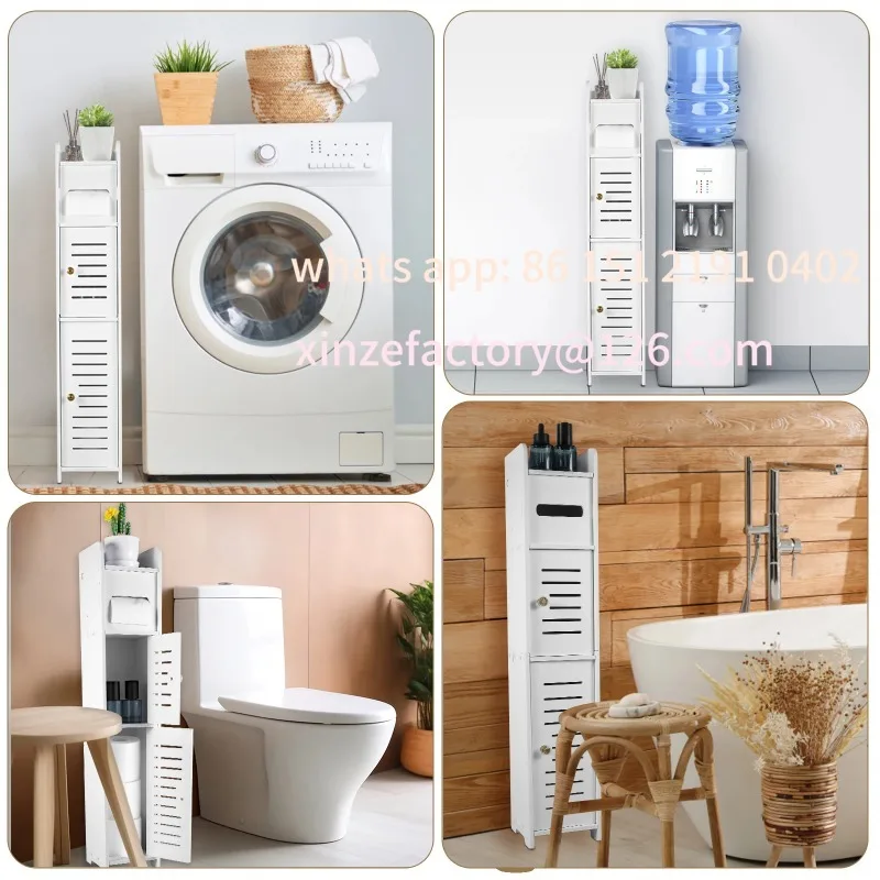 Customizable Bathroom Storage Cabinet 3 Tier Floor Cabinet Organizer with Door Free-Standing Toilet Roll Holder Narrow Toilet St