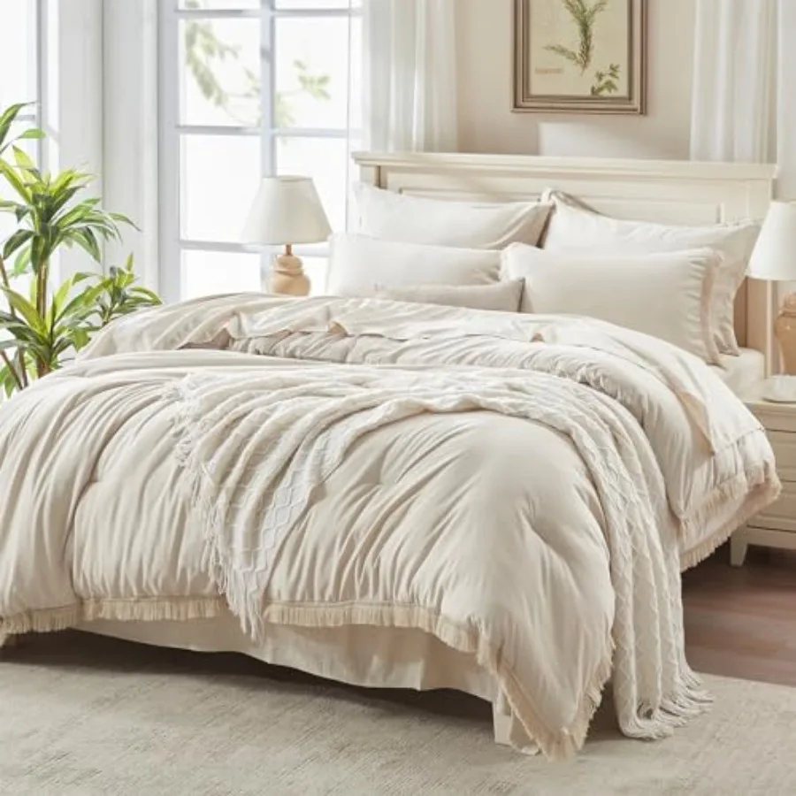 

Size Comforter Set 7 Pieces Beige Bed in a Bag Fluffy Boho Tassel Bed Set Cream Fringe Bedding Set with Quilt Comforter Sheets