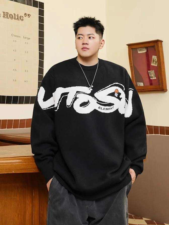 

Модный мужской вязаный свитер большого размера с круглым вырезом, вышивкой букв, оверсайз, теплый зимний повседневный свитер из полиэфирного волокна