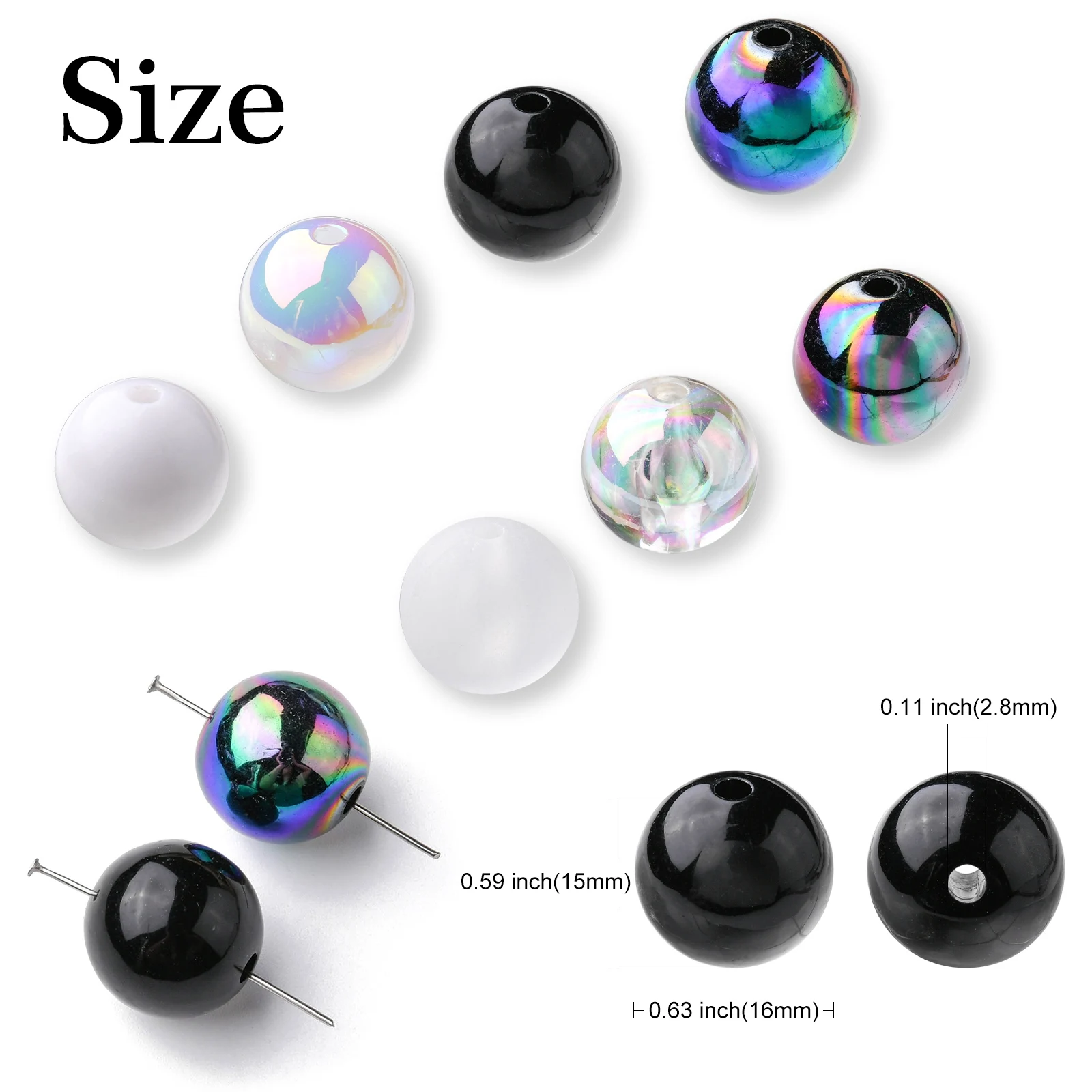 PandaHall 100 Stück 15mm AB-Farbige Runde Perlen Weiß & Schwarz Acrylperlen Runde Bubblegum-Perlen für Schmuck- und Armbandherstellung – Detail 2