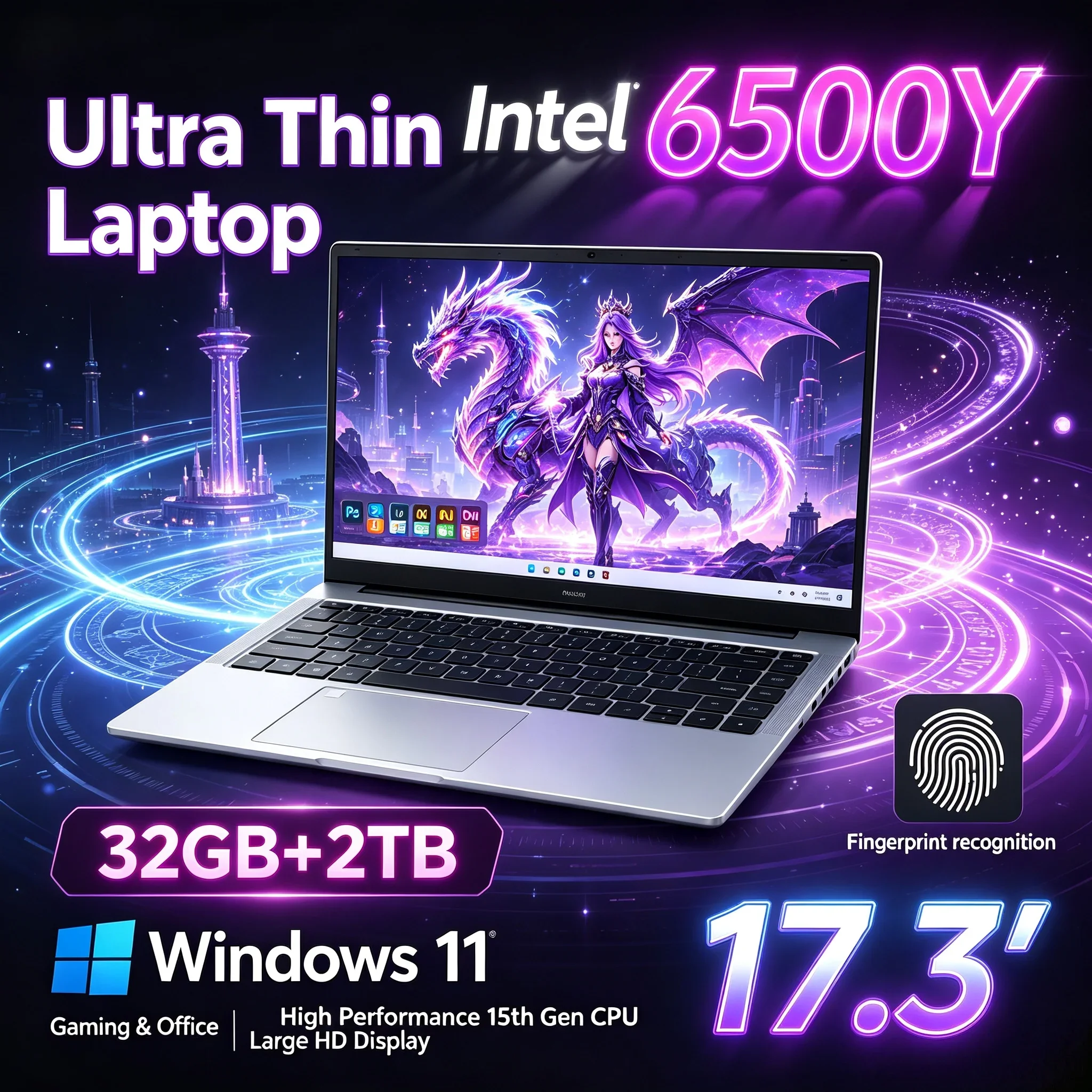 New Laptop 17.3'' HD Screen Intel 6500Y CPU 32GB RAM 1TB/2TB SSD Windows 11 WiFi6 BT5.2 Notebook For Home Office Daily Usage