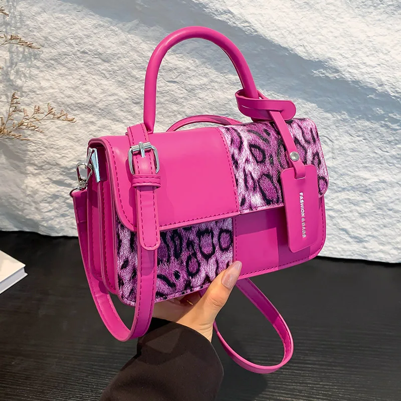 Bolso cruzado de cuero empalmado para mujer, bolso de hombro de leopardo de diseñador de lujo, cuadrado pequeño bolso Mini, lindo monedero para teléfono