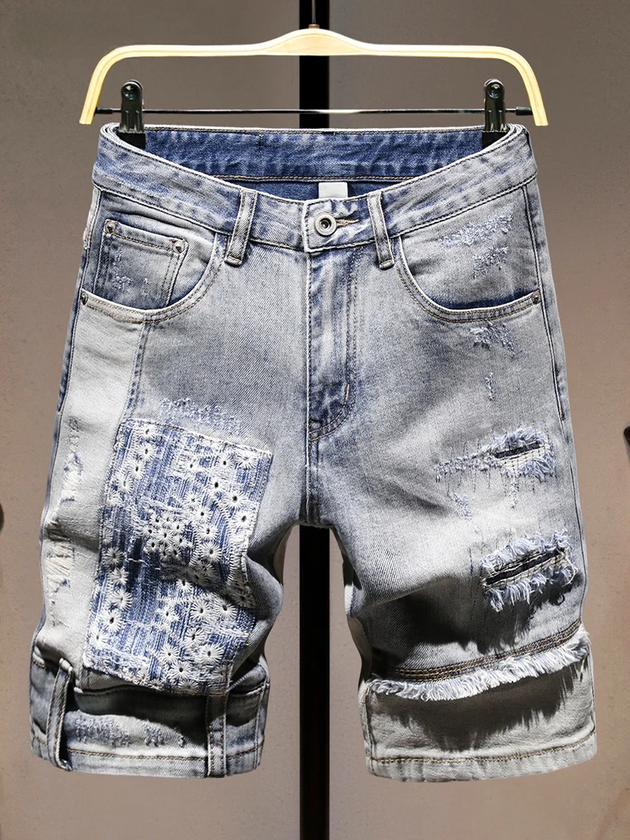 

Новые мужские джинсовые шорты 2025 года: облегающие, с пэчворком, модные, брендовые, с дырками, эластичные, с эффектом ремонта, длиной до колена