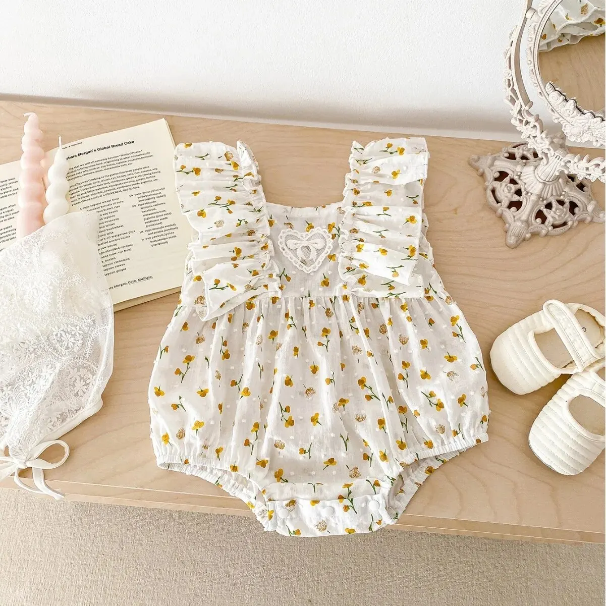 2024 Summer New in Infant Baby Girls Fly Sleeve Floral Love Ruched Outfits Kids Newborn Jumpsuits Toddler Bodysuits 0-24M