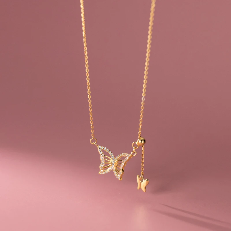 New Sweet Zircon Crystal Butterfly Pendant Necklace for Women Elegant Light Luxury Fashion Party Jewelry Valentine's Day Gift