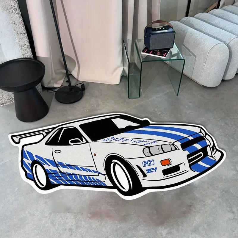 VIKAMA Cool Blue and White Sports Car Rug - Easy to Clean - Boys' Bedroom Floor Mat - Living Room Floor Pad - Home Decoration