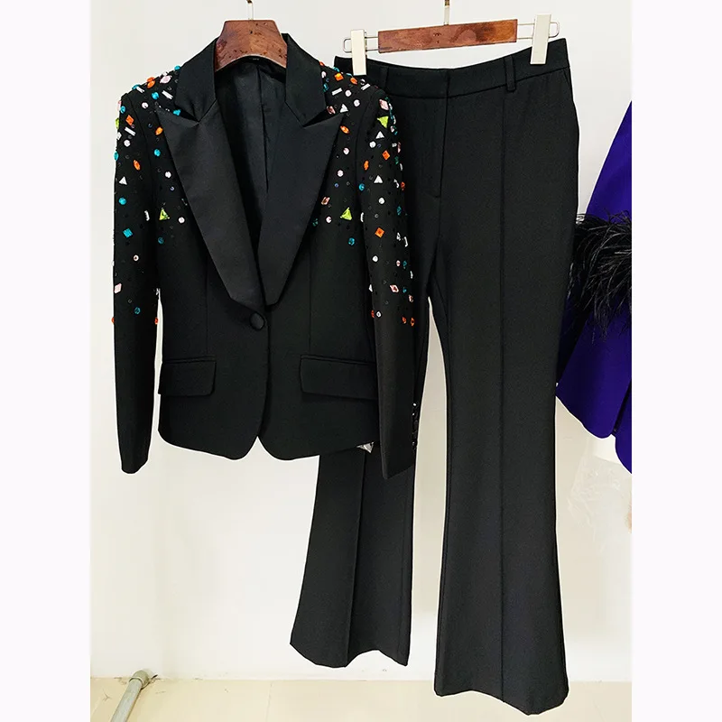 Beaded Color Diamond Women Pants Suit Peak Lapels Long Sleeve Suit Coat Flared Trousers Gorgeous Black And White Blazer In Stock