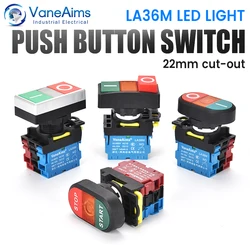 22mm LA36M Double Push Button Momentary Reset Two-position Button Switch with LED 12V 24V 220V 10A NO NC Switch On Off VaneAims