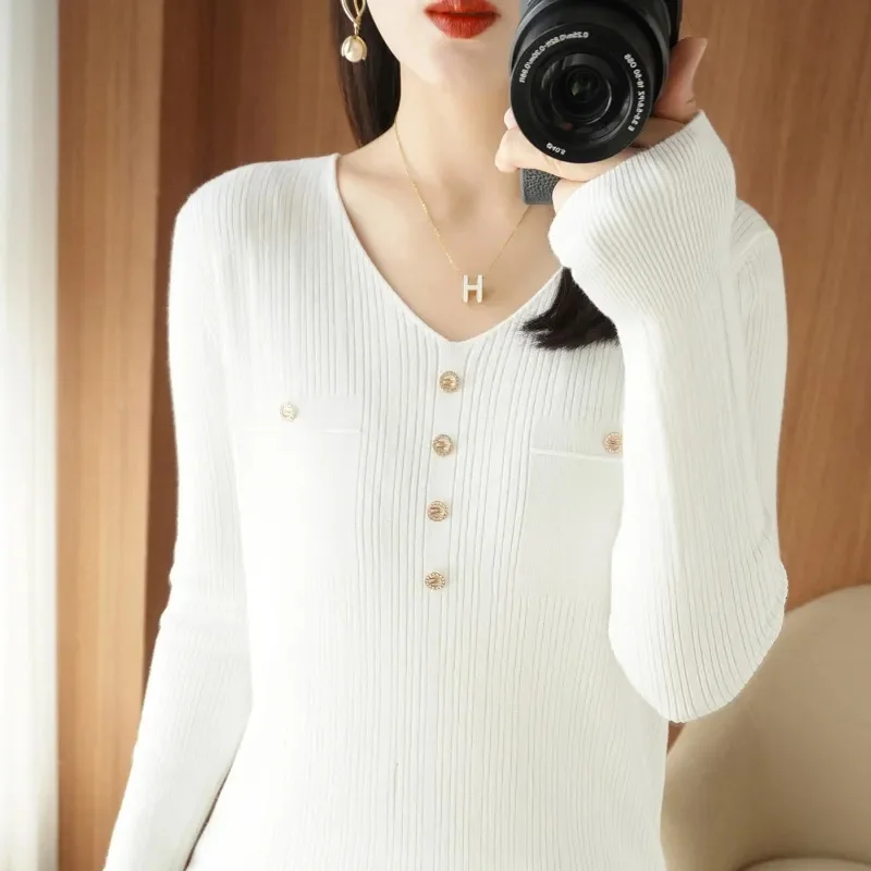 

Women Sweater V-neck Spring Autumn Knitwear Long Sleeve Slim Warm Sweater Pullovers Lady Basic Jumpers Knitted Bottoming Shirt