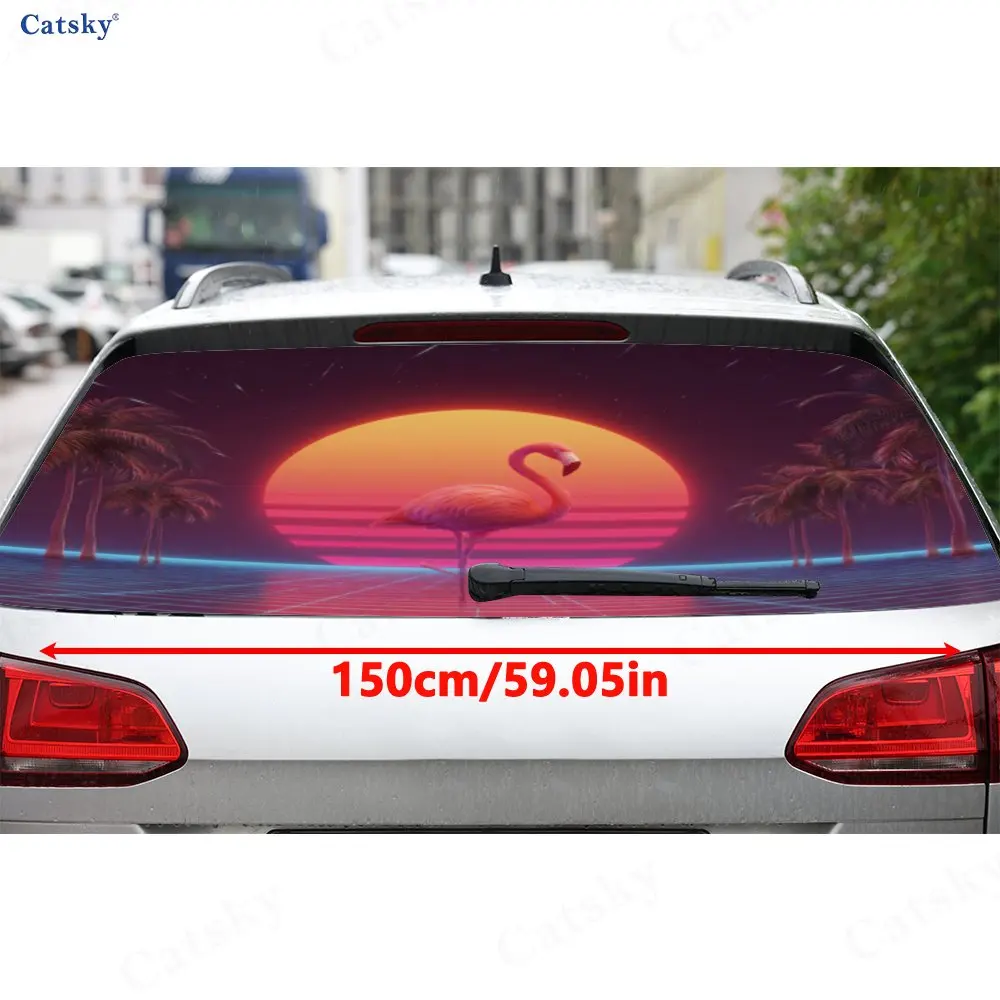 Neon Flamingo PVC Perforated Car Vinyl Wraps, Privacy Enhancing Design For Rear Window, Car Rear Windshield Sticker