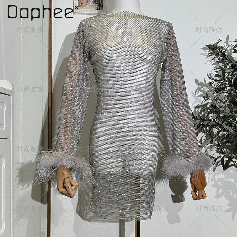 Fashion European Net Drill Rhinestone Feather Long Sleeve Top Beach Mesh Diamonds Skirt Spring Gray Series Dress Trousers Trendy