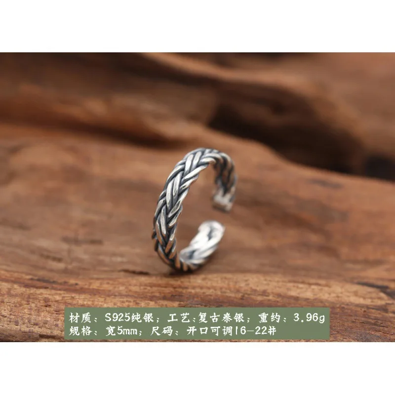 Wholesale S925 sterling silver ring vintage Thai silver ornament simple woven hemp rope rattan Women's Open pinky ring ring