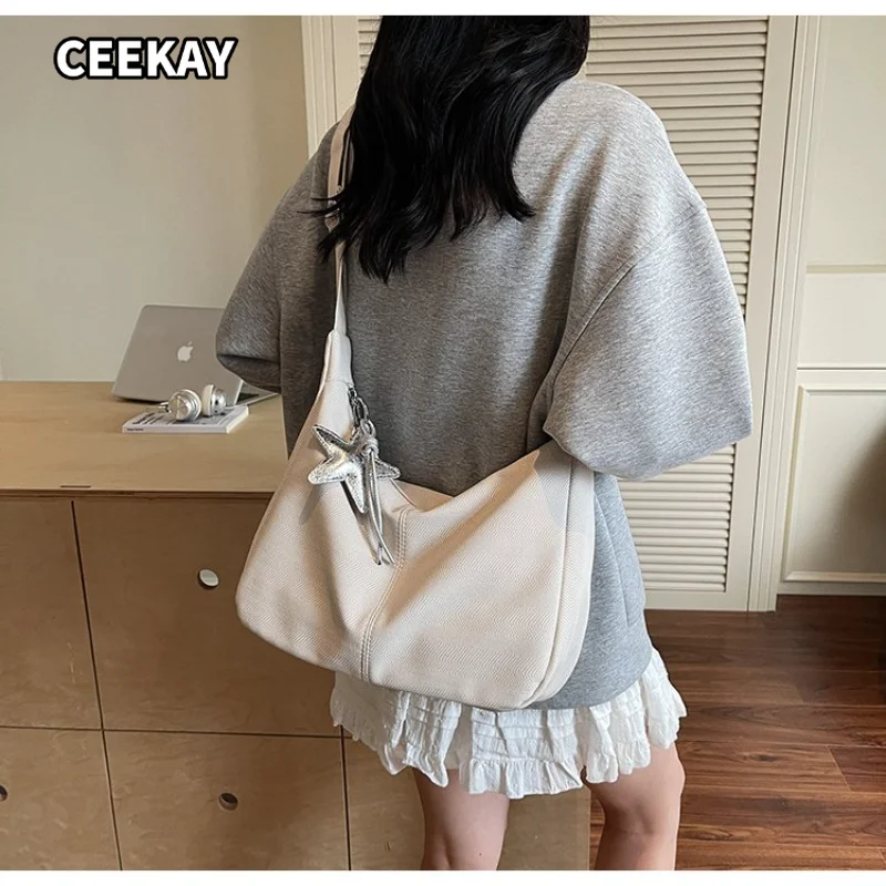 CEEKAY Women's Tote Bag Cream White Soft PU Leather Large Shoulder Handbag Star Pendant Daily Commute Casual Sweet