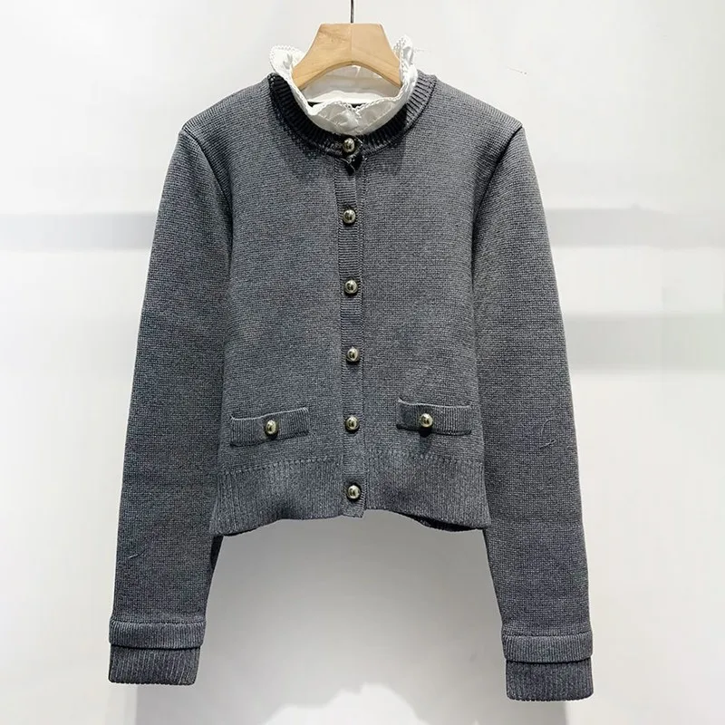 

2025 New Autumn Women's Long Sleeve Knit Cardigan Fashion Ruffleed Neck Spliced Lady Single Breasted Gray Knitted Sweater Tops