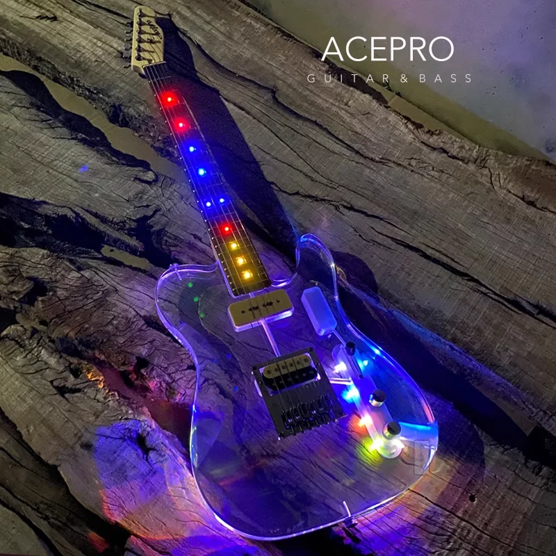 In Stock Acepro Colorful LEDs Acrylic Electric Guitar, Clear Acrylic Crystal Body Guitarra, Maple Neck, Rosewood Fretboard