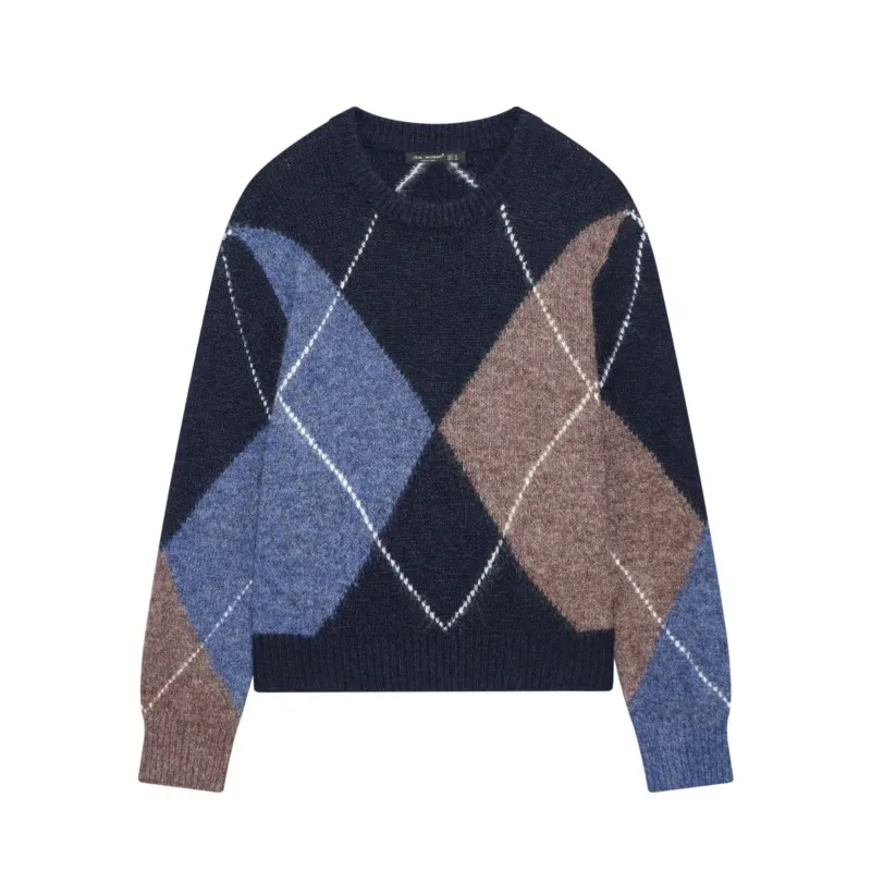 

Женский вязаный джемпер в стиле аргайл, повседневный, весенний, с круглым вырезом, длинными рукавами, женские свитера с ребристыми краями, женский пуловер, простые женские топы