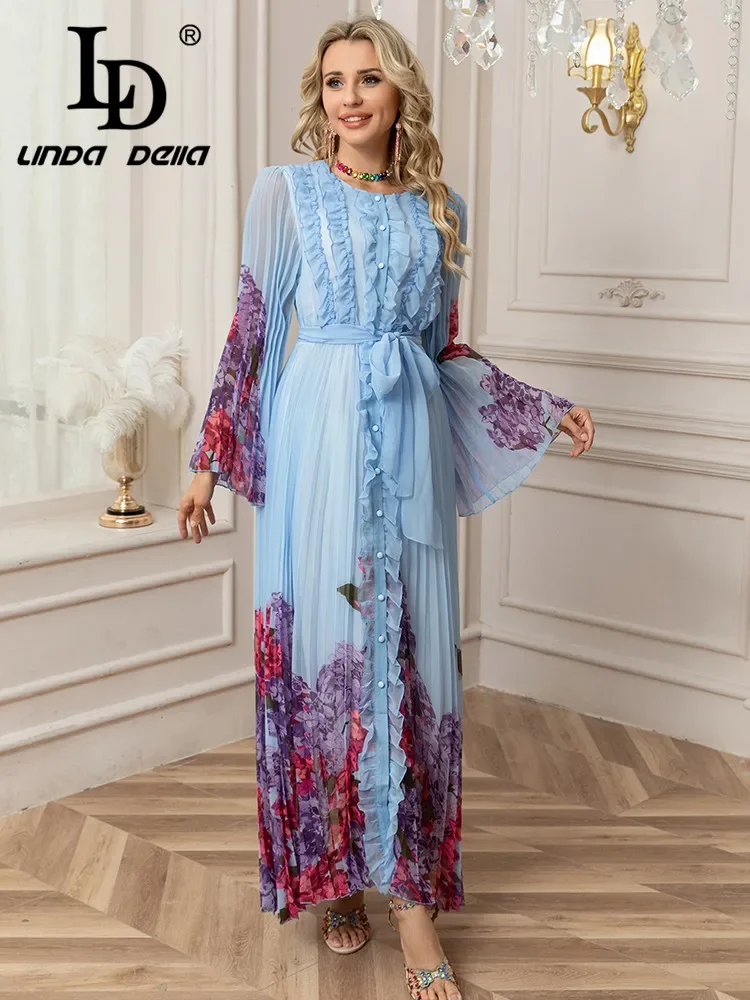 LD LINDA DELLA 2025 Spring/Summer New Women's Fashion Round Neck Long Sleeve Printed Black Fungus Edge Fully Folded Dress