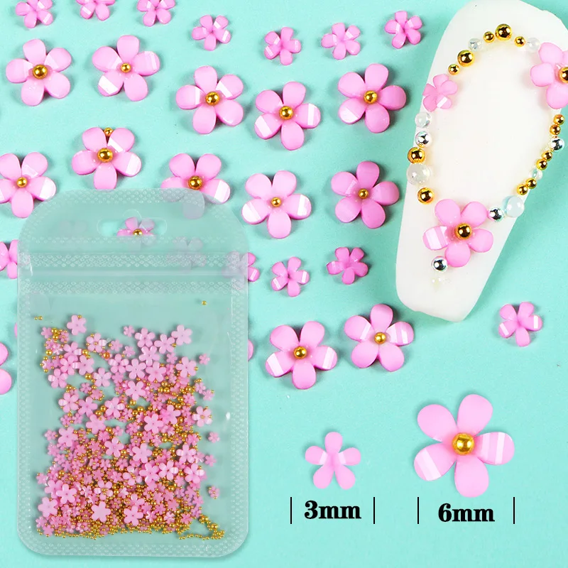 200Pcs Pink 0.4/0.6cm Acrylic Flower Resin Charms 3D Nail Art Decor Gold Beads Pearl Mixed Rhinestones Flower Accessory Manicure